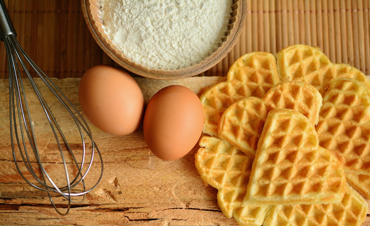 Services waffles, eggs, flour, whisk, wire whisk, baking ingredients, ingredients, food preparation, food, flat lay, composition, food phootgraphy, heart waffles, heart shape, raw eggs, waffles, eggs, food, food, food, food, food